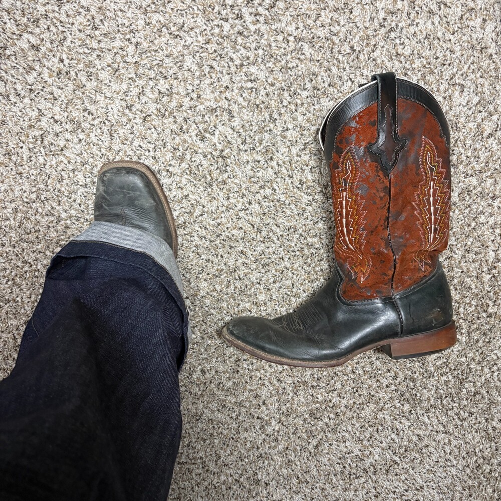 Lucchese Cowboy Boots Mens 13 EE Black Brown Embroidered Western